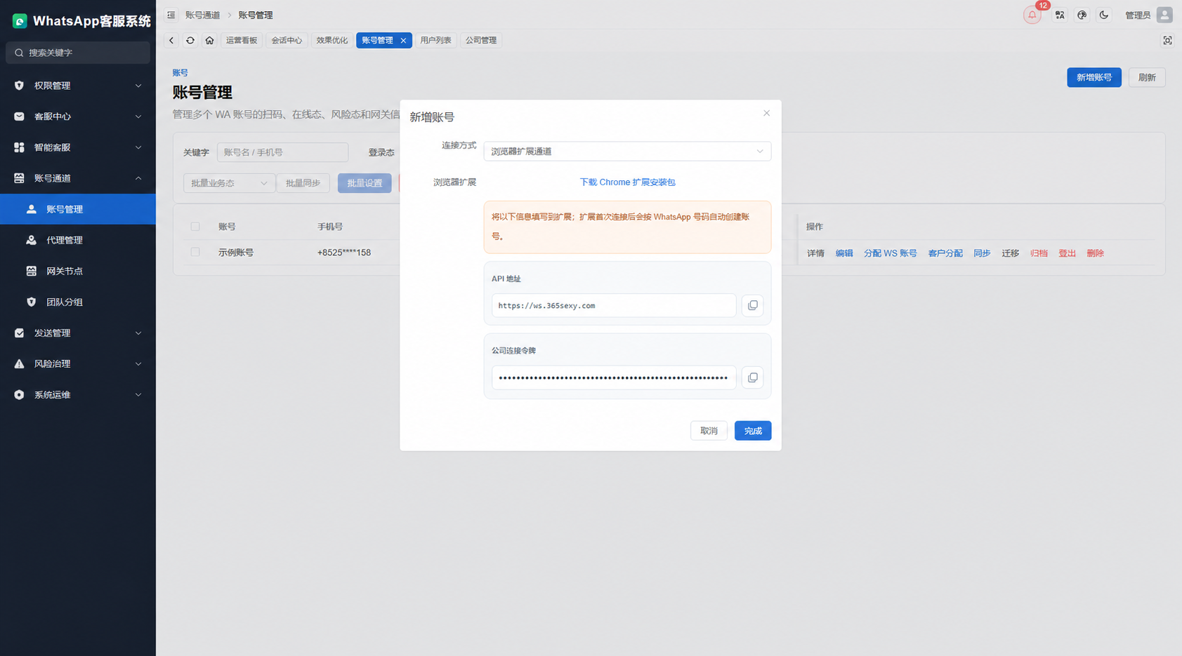 在账号管理中新增浏览器扩展通道并复制 API 地址和公司连接令牌